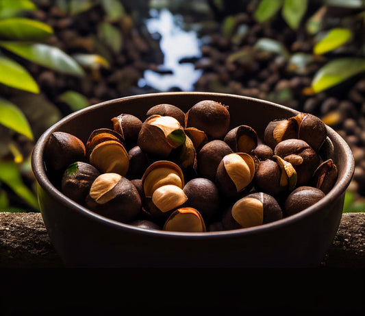 a bowl of raw kukui nuts in a tropical rainforest with plants and waterfall in the background