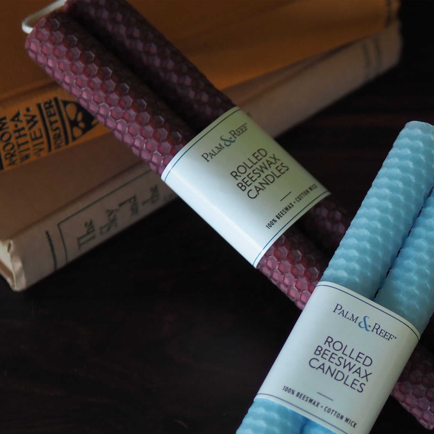 Hibiscus Color | Hand-rolled Beeswax Taper Candles | Honeycomb Texture | Long Burning, 100% Natural Beeswax with Cotton Wick | Set of 2