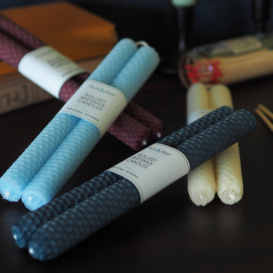Pacific Blue Color | Hand-rolled Beeswax Taper Candles | Honeycomb Texture | Long Burning, 100% Natural Beeswax with Cotton Wick | Set of 2