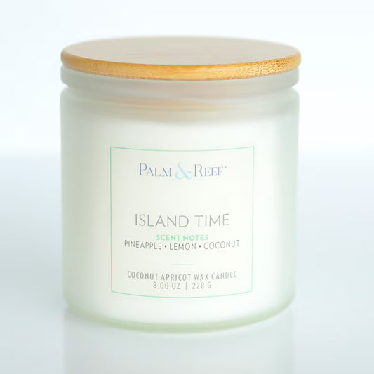 Island Time Scent | 8 oz Coconut Apricot Wax Candle in Frosted Glass Jar with Bamboo Lid | Fruity Yet Exotic Scent | Hand-Poured