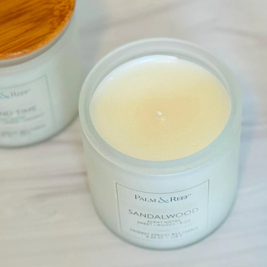 Sandalwood Scent | 8 oz Coconut Apricot Wax Candle in Frosted Glass Jar with Bamboo Lid | Warm Earthy Coastal Scent | Hand-Poured