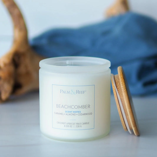 Beachcomber Scent | 8 oz Coconut Apricot Wax Candle in Frosted Glass Jar with Bamboo Lid | Warm Tropical Scent | Hand-Poured