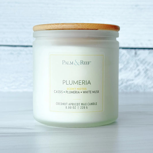 Plumeria Scent | 8 oz Coconut Apricot Wax Candle in Frosted Glass Jar with Bamboo Lid | Soft Tropical Floral Scent | Hand-Poured