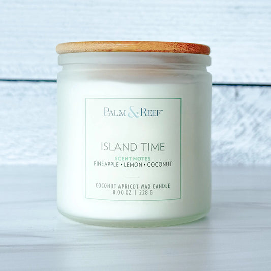 Island Time Scent | 8 oz Coconut Apricot Wax Candle in Frosted Glass Jar with Bamboo Lid | Fruity Yet Exotic Scent | Hand-Poured