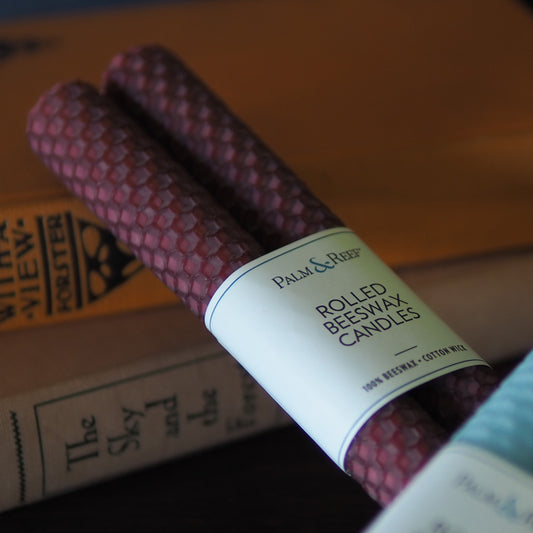Hibiscus Color | Hand-rolled Beeswax Taper Candles | Honeycomb Texture | Long Burning, 100% Natural Beeswax with Cotton Wick | Set of 2