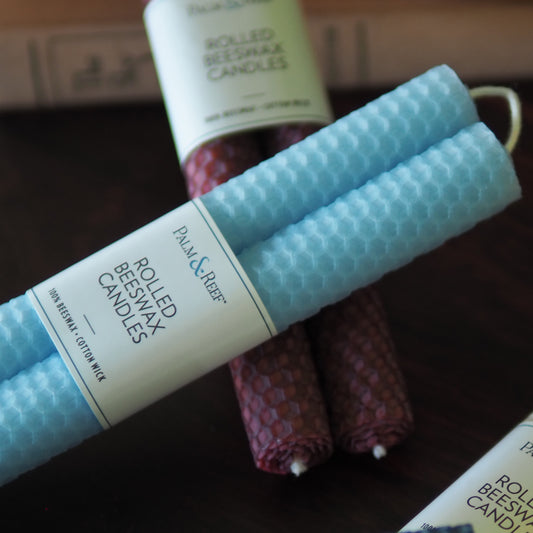 Tide Pool Color | Hand-rolled Beeswax Taper Candles | Honeycomb Texture | Long Burning, 100% Natural Beeswax with Cotton Wick | Set of 2