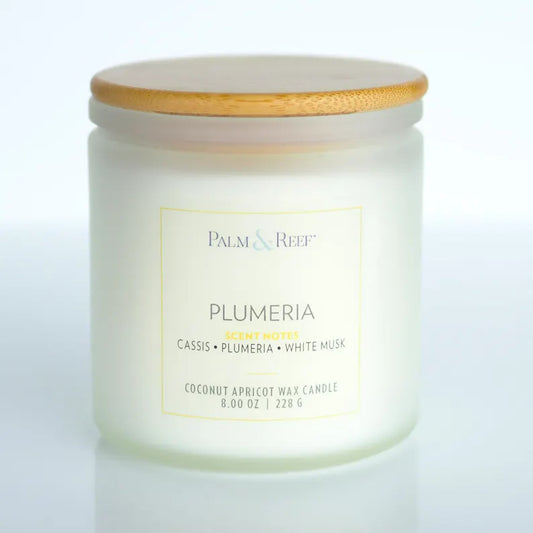 Plumeria Scent | 8 oz Coconut Apricot Wax Candle in Frosted Glass Jar with Bamboo Lid | Soft Tropical Floral Scent | Hand-Poured