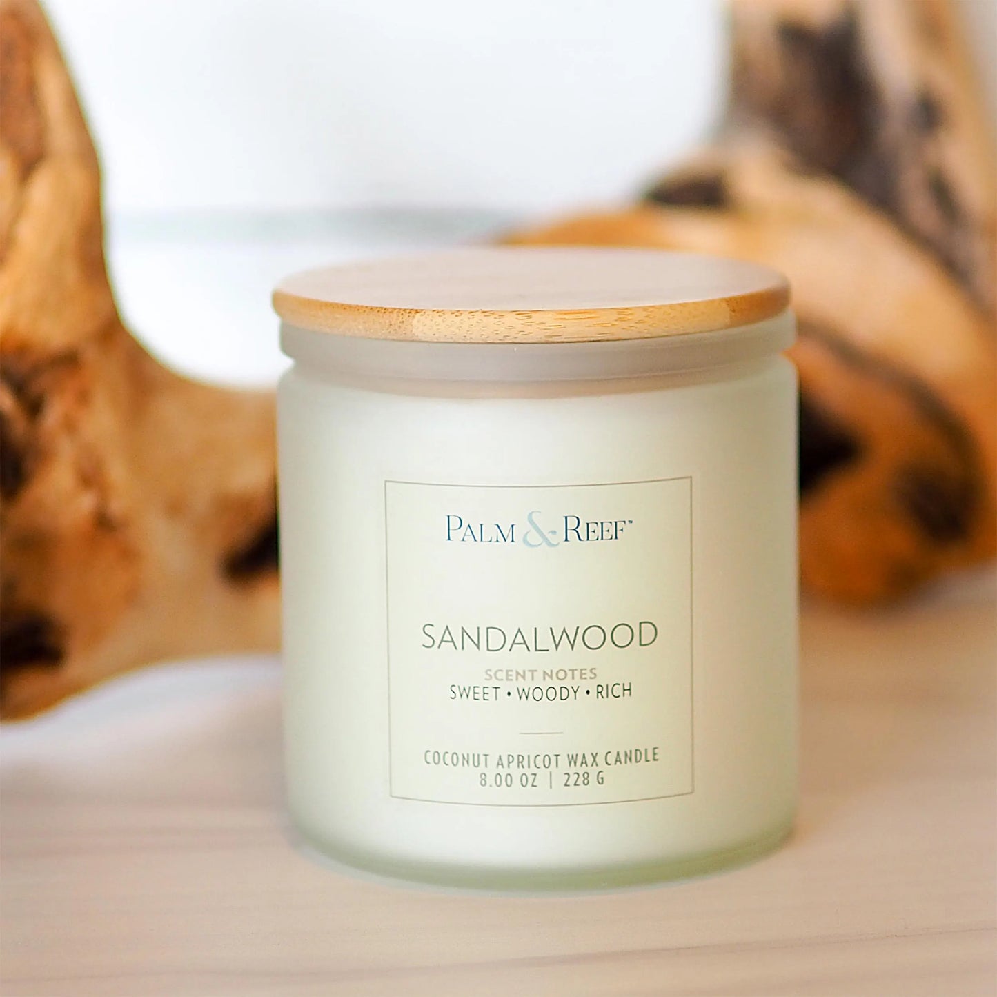 Sandalwood Scent | 8 oz Coconut Apricot Wax Candle in Frosted Glass Jar with Bamboo Lid | Warm Earthy Coastal Scent | Hand-Poured