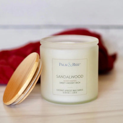 Sandalwood Scent | 8 oz Coconut Apricot Wax Candle in Frosted Glass Jar with Bamboo Lid | Warm Earthy Coastal Scent | Hand-Poured