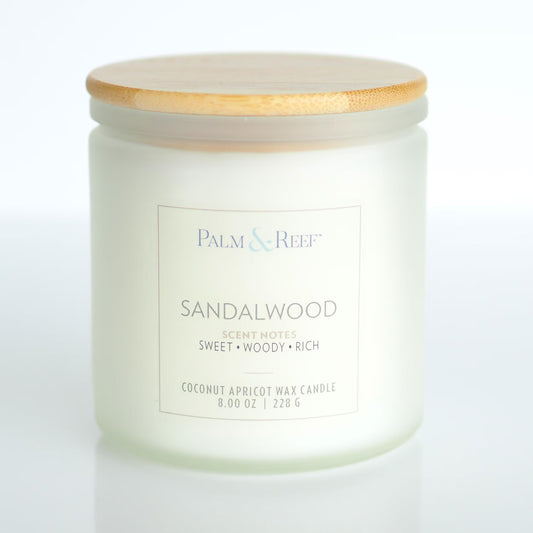 Sandalwood Scent | 8 oz Coconut Apricot Wax Candle in Frosted Glass Jar with Bamboo Lid | Warm Earthy Coastal Scent | Hand-Poured